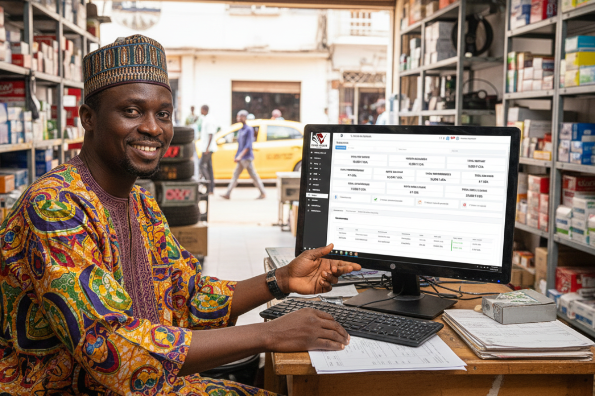 Un commerçant africain utilisant un logiciel de gestion sur ordinateur